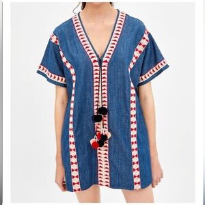 Zara Denim Embroidered Tunic Denim Dress Mini